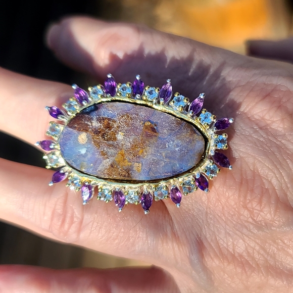 Kharma by Avelon Jewelry - INCREDIBLE Boulder Opal surrounded by Amethyst & Aquamarine cocktail ring sz8.5